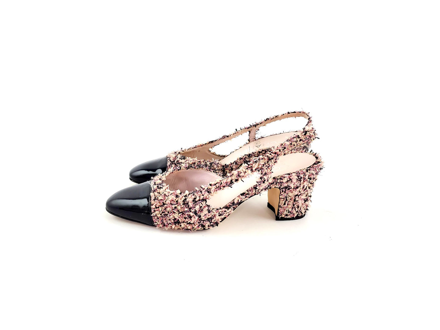 CHANEL 18K Tweed Pink Black  Slingback Pumps 36