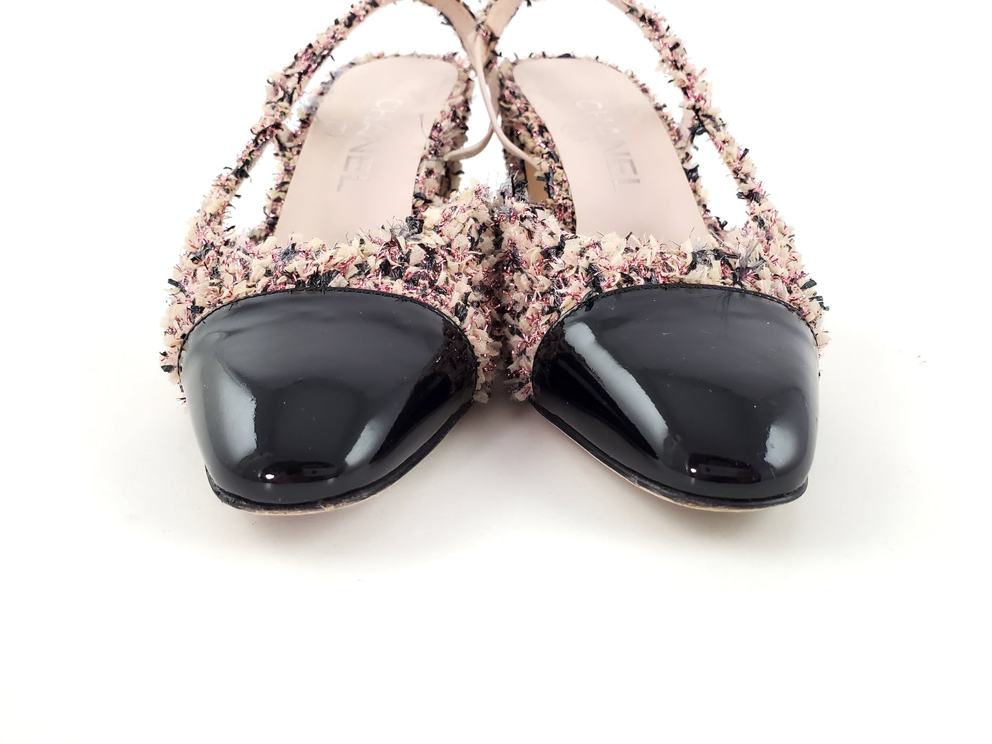 CHANEL 18K Tweed Pink Black  Slingback Pumps 36