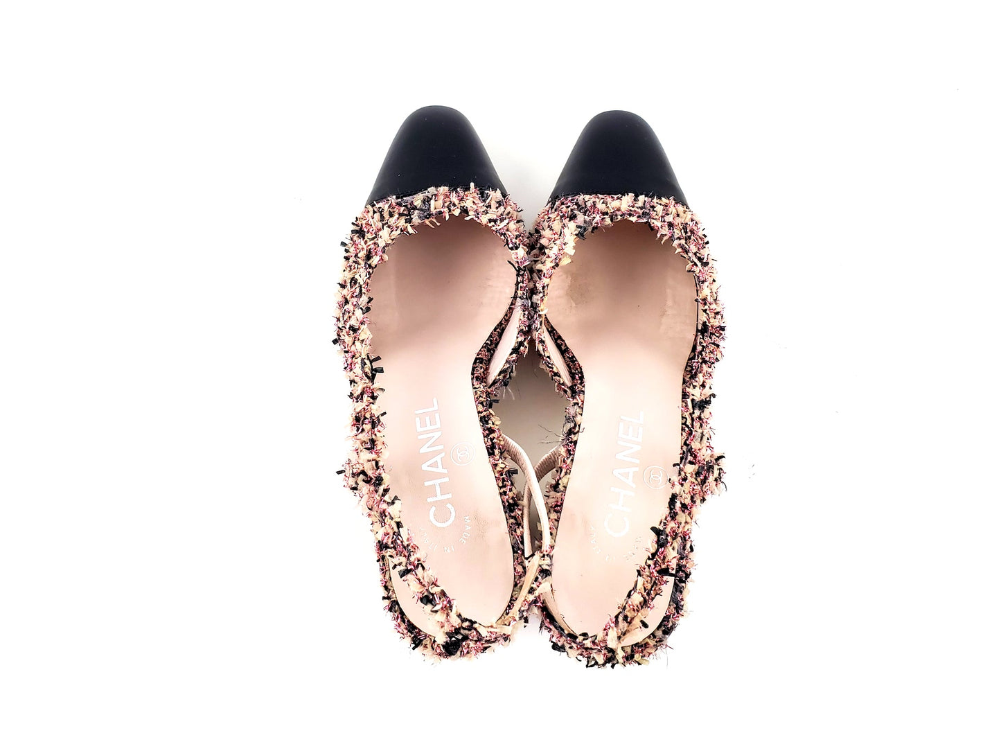 CHANEL 18K Tweed Pink Black  Slingback Pumps 36