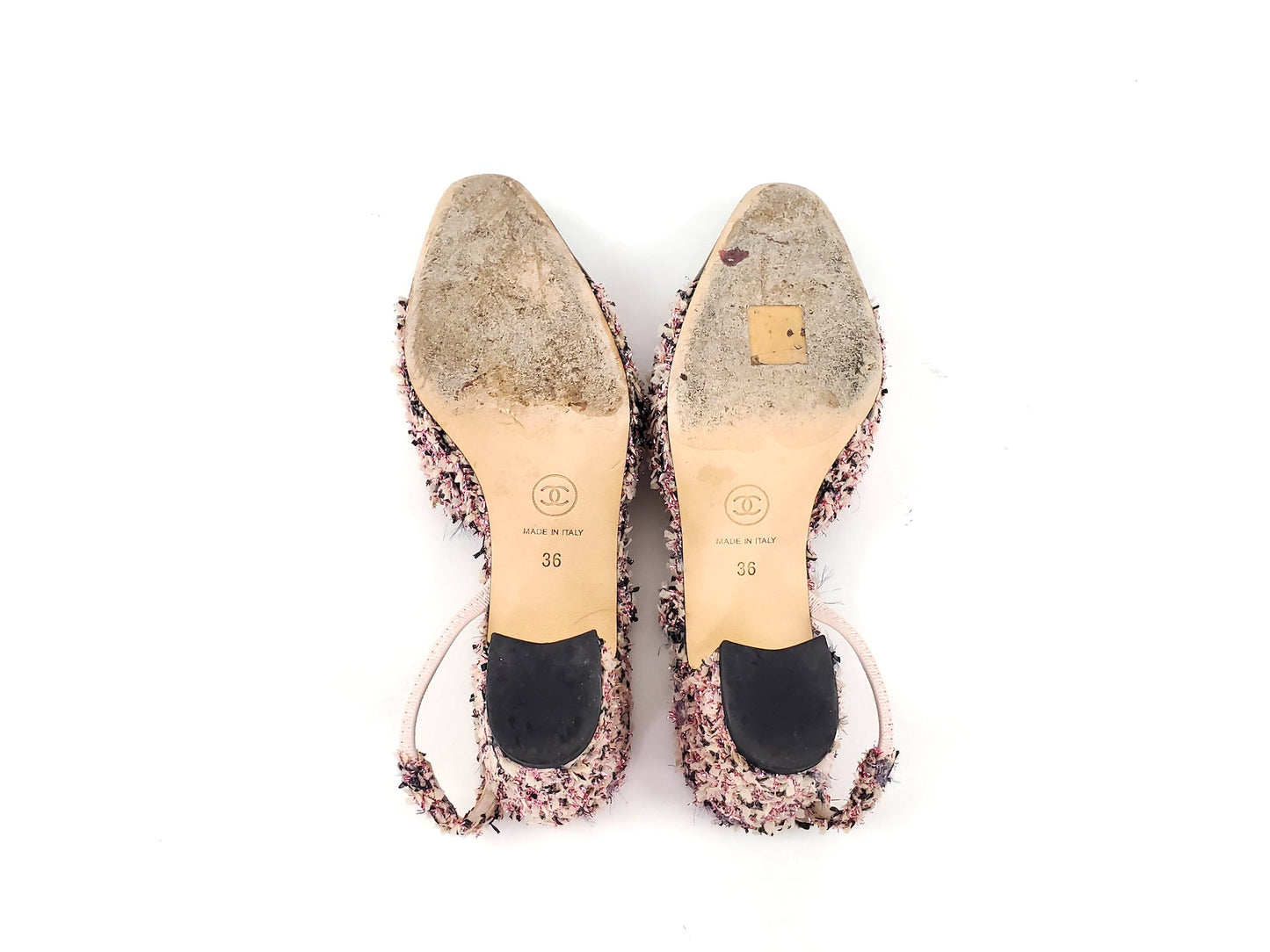 CHANEL 18K Tweed Pink Black  Slingback Pumps 36