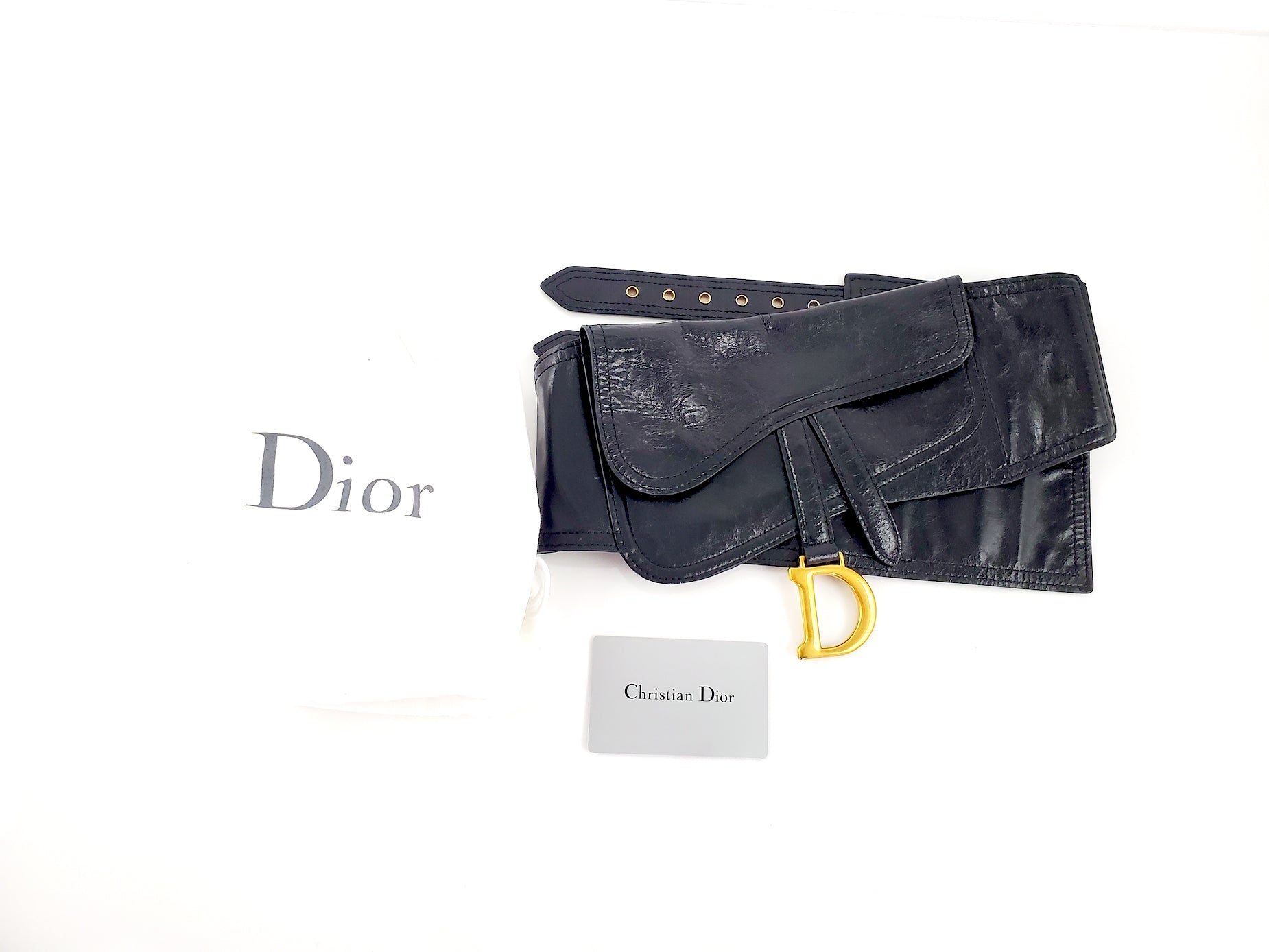 New CHRISTIAN DIOR Black 2019 Crinkled Leather Saddle Belt Waist