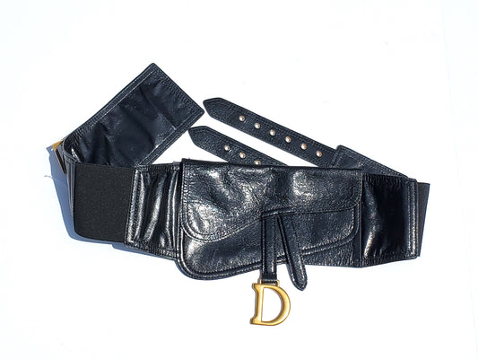 New CHRISTIAN DIOR Black 2019 Crinkled Leather Saddle Belt Waist Bag Style 2 S/M