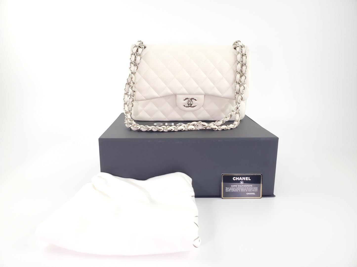 Chanel White Lambskin Leather Quilted Jumbo Classic Flap Bag