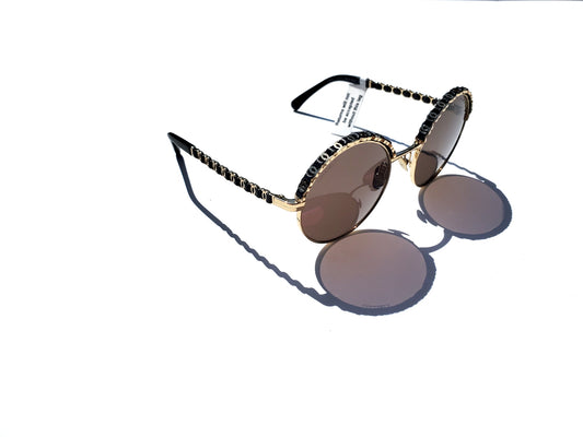 New In Stores Now CHANEL 4265Q Round Gold Black Metal Leather Sunglasses