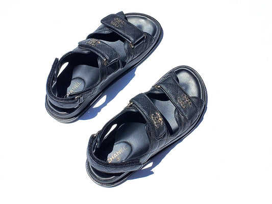 CHANEL 2020 Black Quilted Leather Dad Sandals 36.5