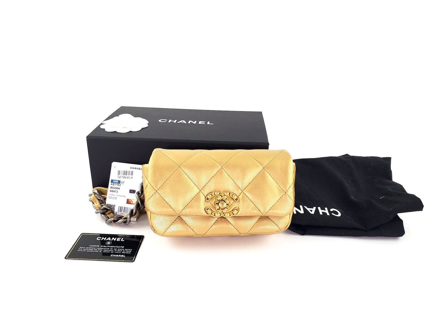 CHANEL 19 2020 Metallic Gold Goatskin Quilted Waist Belt Bag