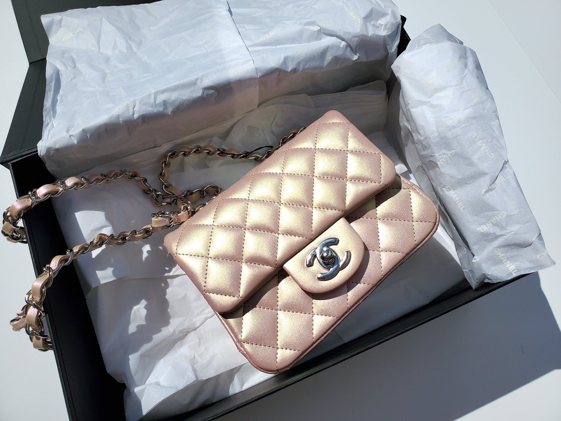 New CHANEL Square Mini 2021 Iridescent Pink Calfskin Leather Bag