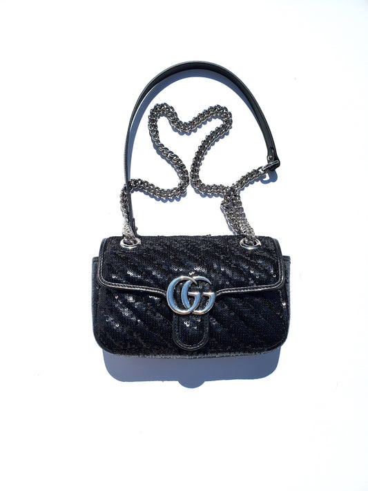 GUCCI Black Marmont Matelasse Sequined Crossbody Bag