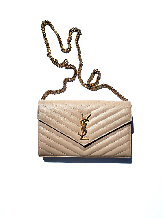 Saint Laurent Beige 2022 Envelope Matelasse Chain Wallet on Chain Bag