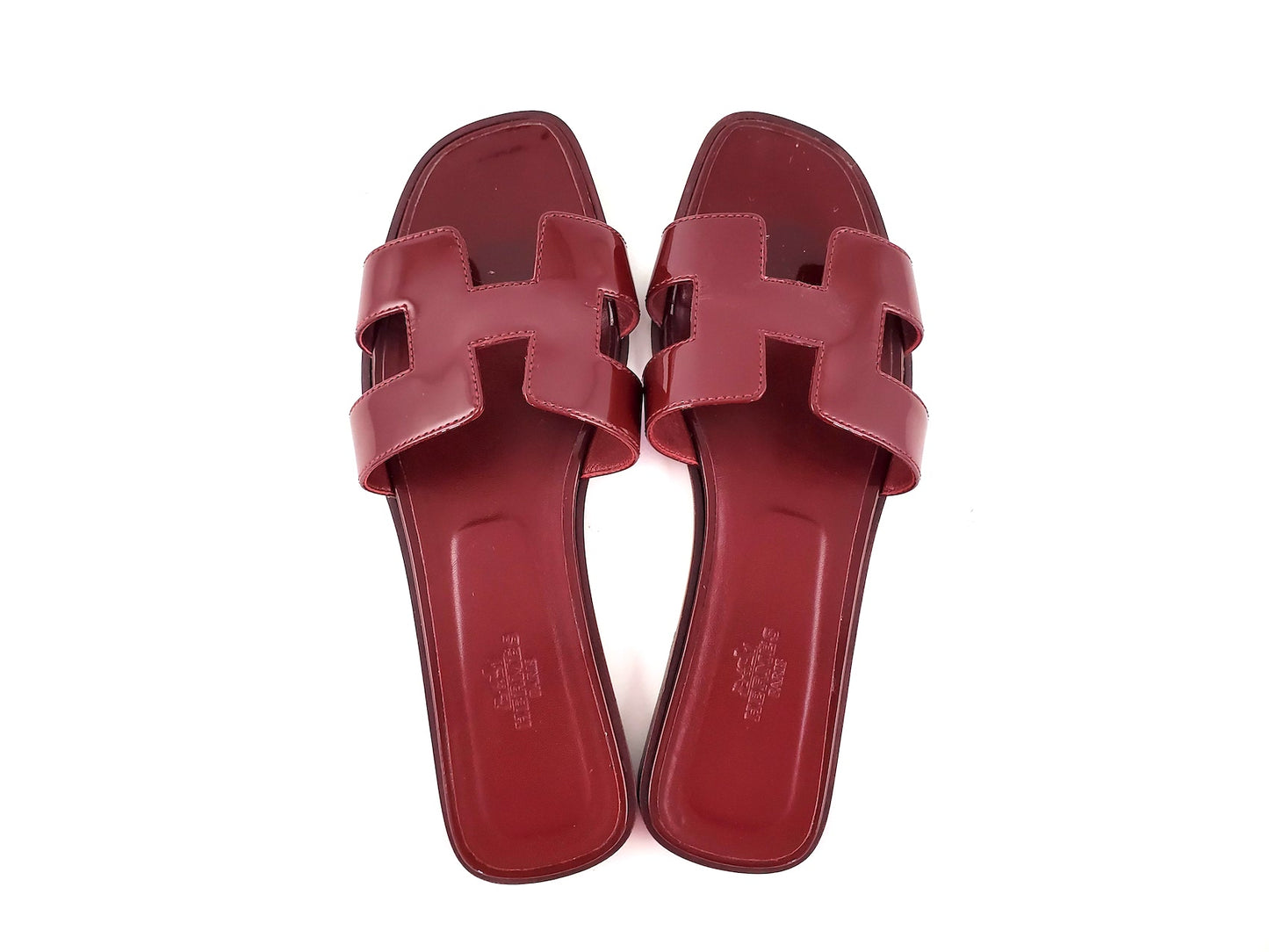 Hermes Burgundy Patent Leather Oran Slide Sandals 38.5