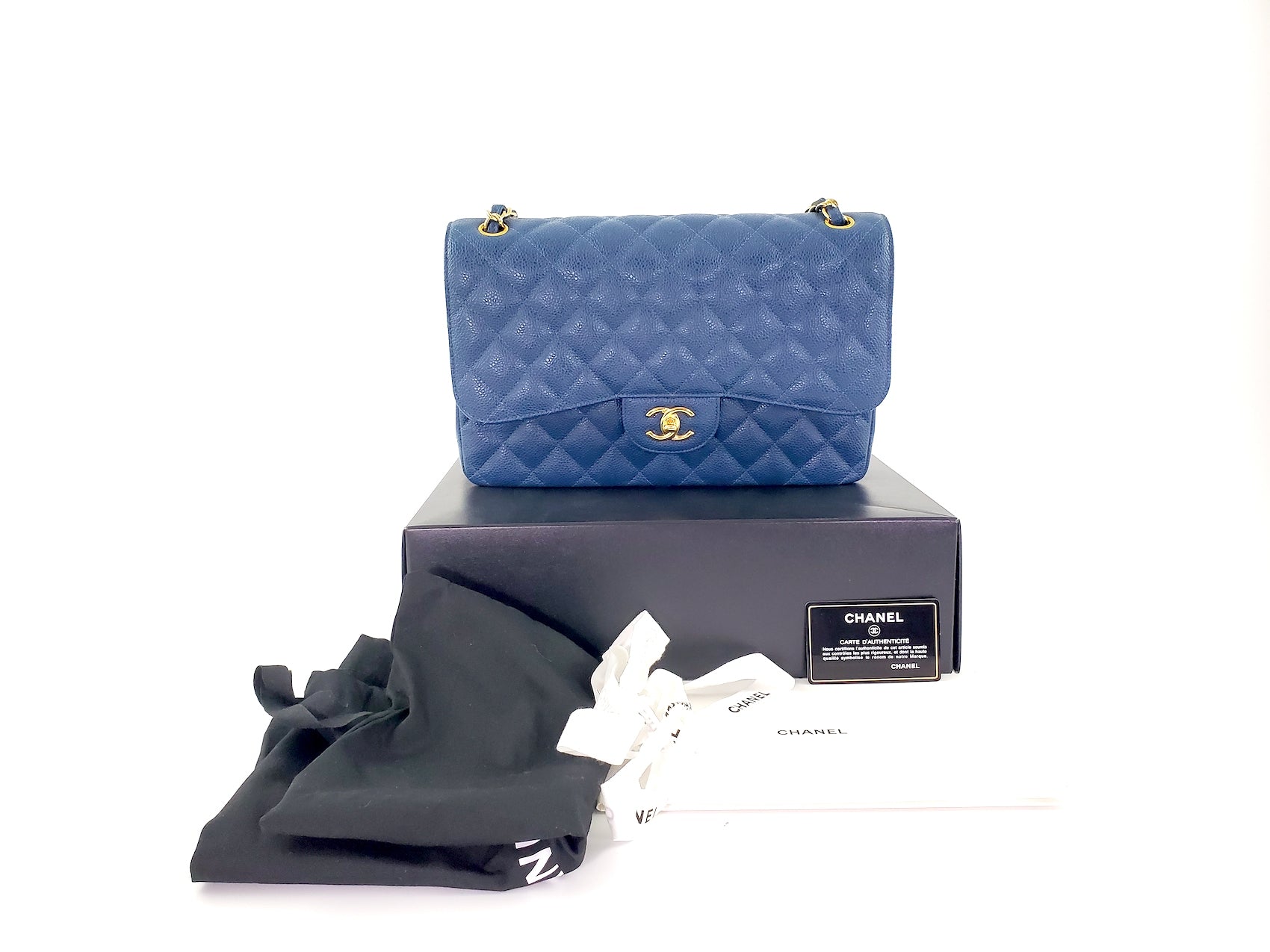 CHANEL Blue 2018 Caviar Jumbo Classic Quilted Double Flap Bag