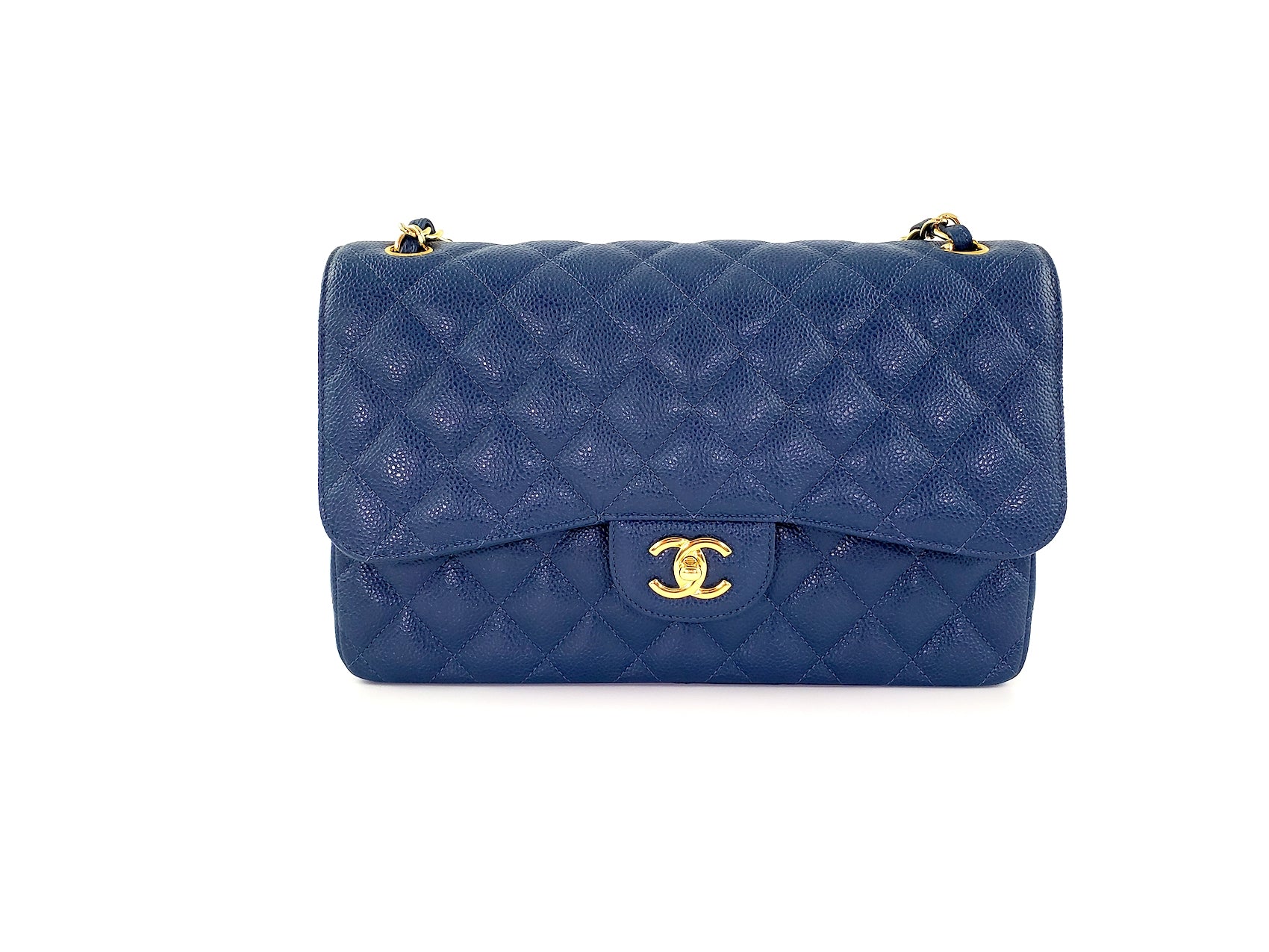 CHANEL Blue 2018 Caviar Jumbo Classic Quilted Double Flap Bag