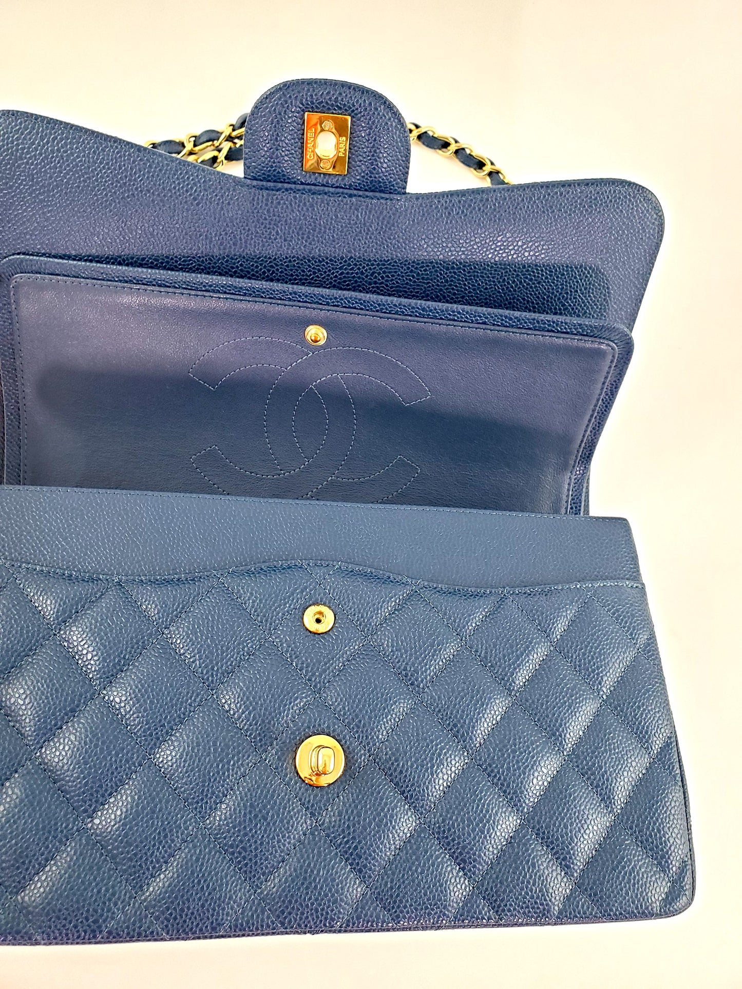 CHANEL Blue 2018 Caviar Jumbo Classic Quilted Double Flap Bag