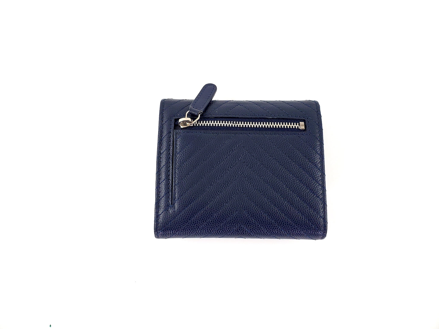 CHANEL Classic Navy Caviar Compact Quilted Flap Chevron Wallet