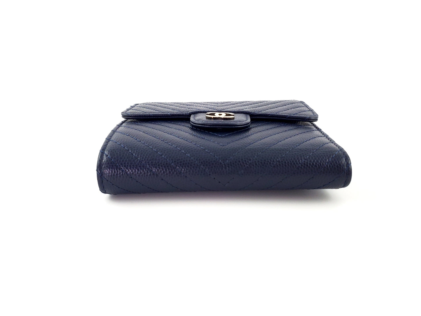 CHANEL Classic Navy Caviar Compact Quilted Flap Chevron Wallet