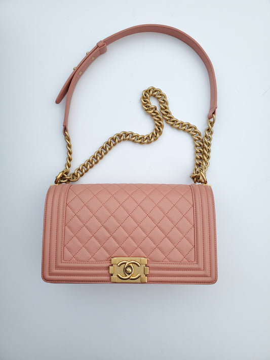 CHANEL Quilted Pink Caviar Boy Old Medium Flap Bag