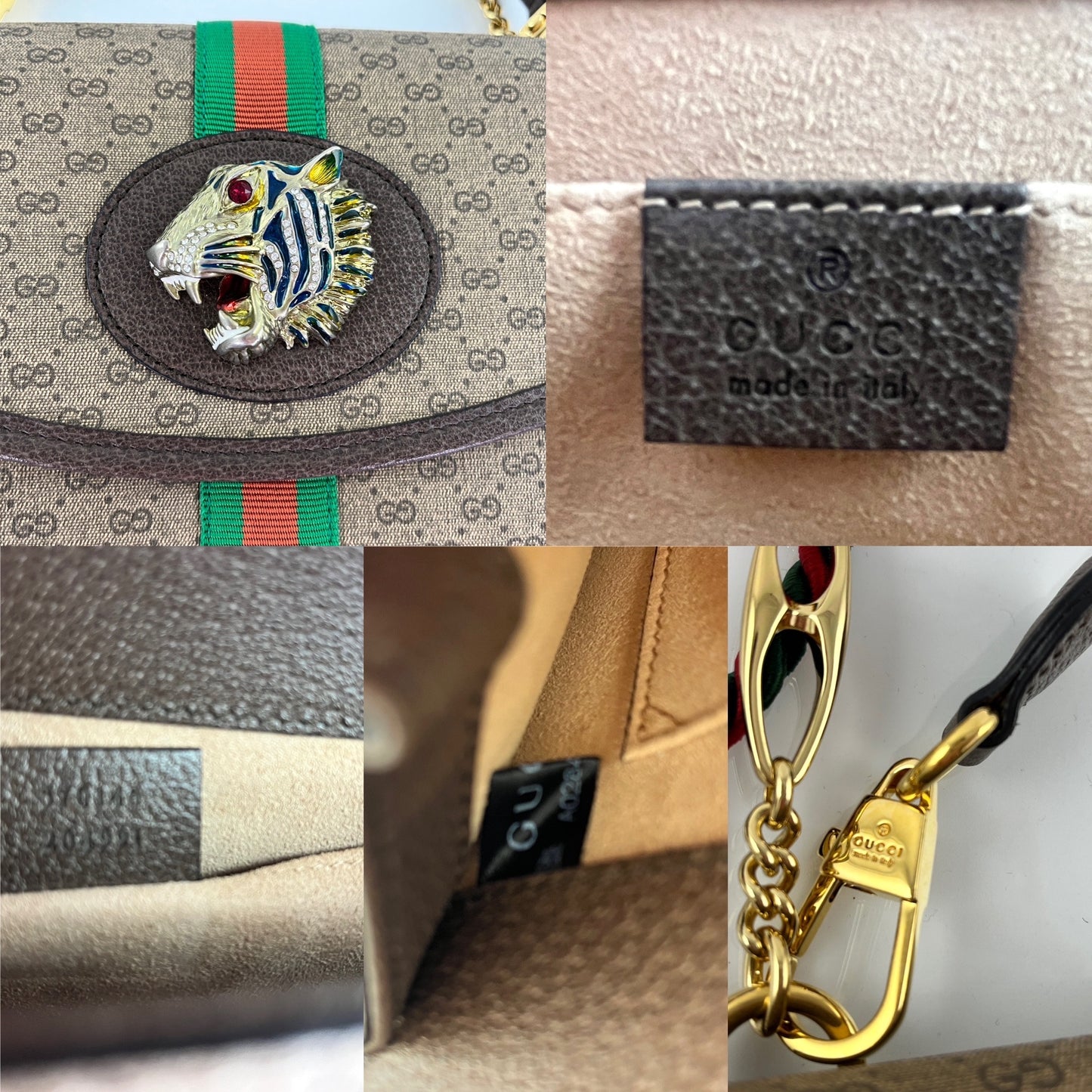 GUCCI Rajah Tiger Head GG Monogram Web Crossbody Bag