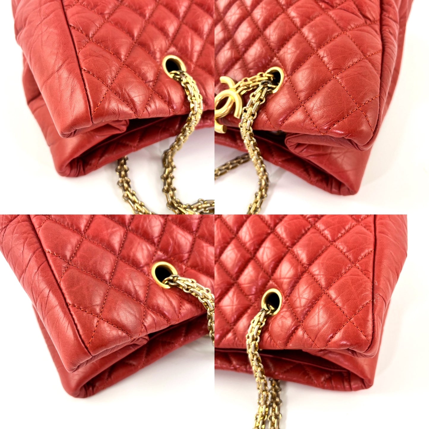 CHANEL Red Quilted North South Chain Leather Tote Bag