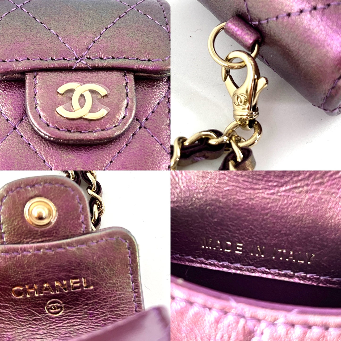 CHANEL 2020 Iridescent Purple AirPods Case Holder with Chain