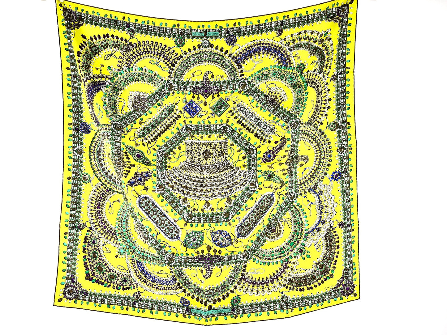 HERMES Yellow Parures Des Maharajas Print Motif 90 Silk Scarf