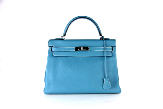 Hermes Blue Jean Clemence Kelly Retourne 32cm