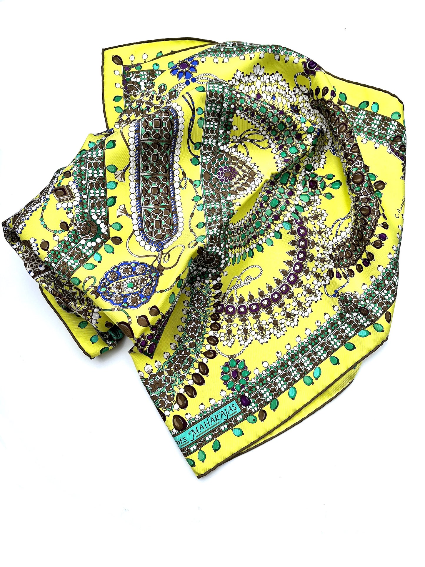 HERMES Yellow Parures Des Maharajas Print Motif 90 Silk Scarf