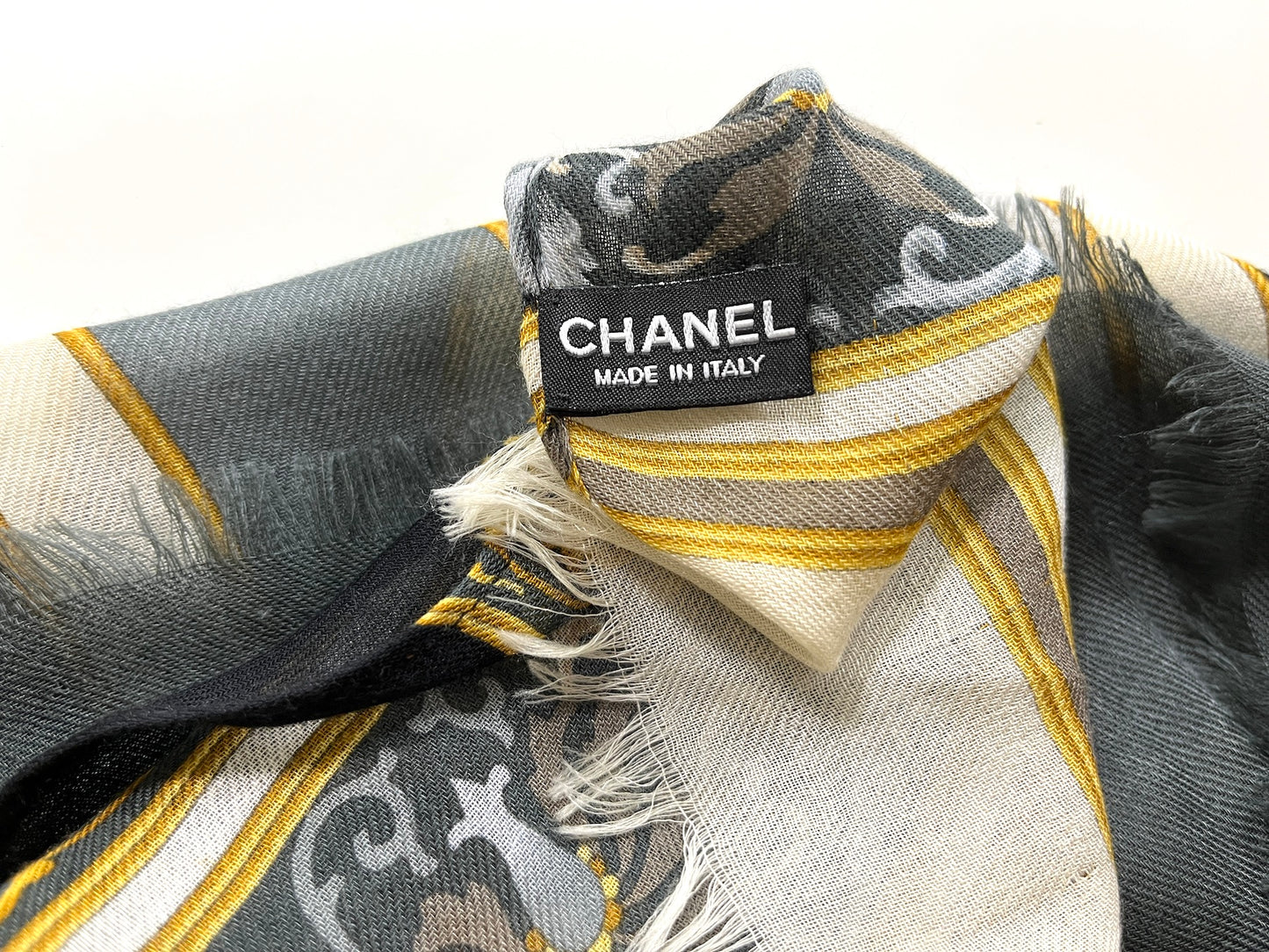 CHANEL Black Gray Cashmere Rectangular Fringe Scarf