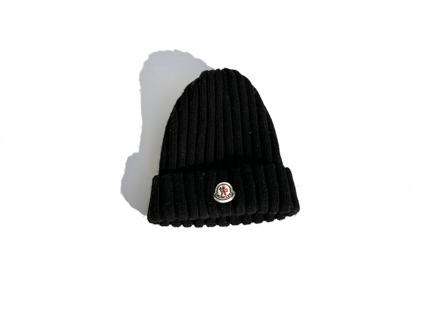 Moncler Black Ribbed Wool Logo Patch Beanie Hat