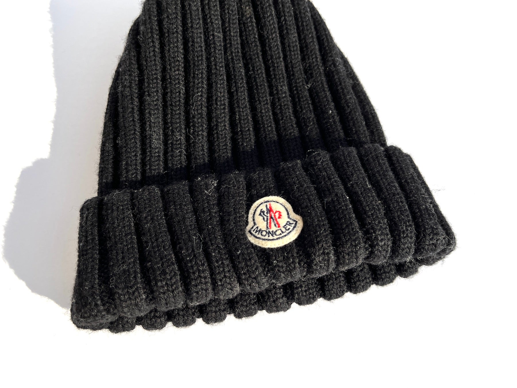 Moncler Black Ribbed Wool Logo Patch Beanie Hat