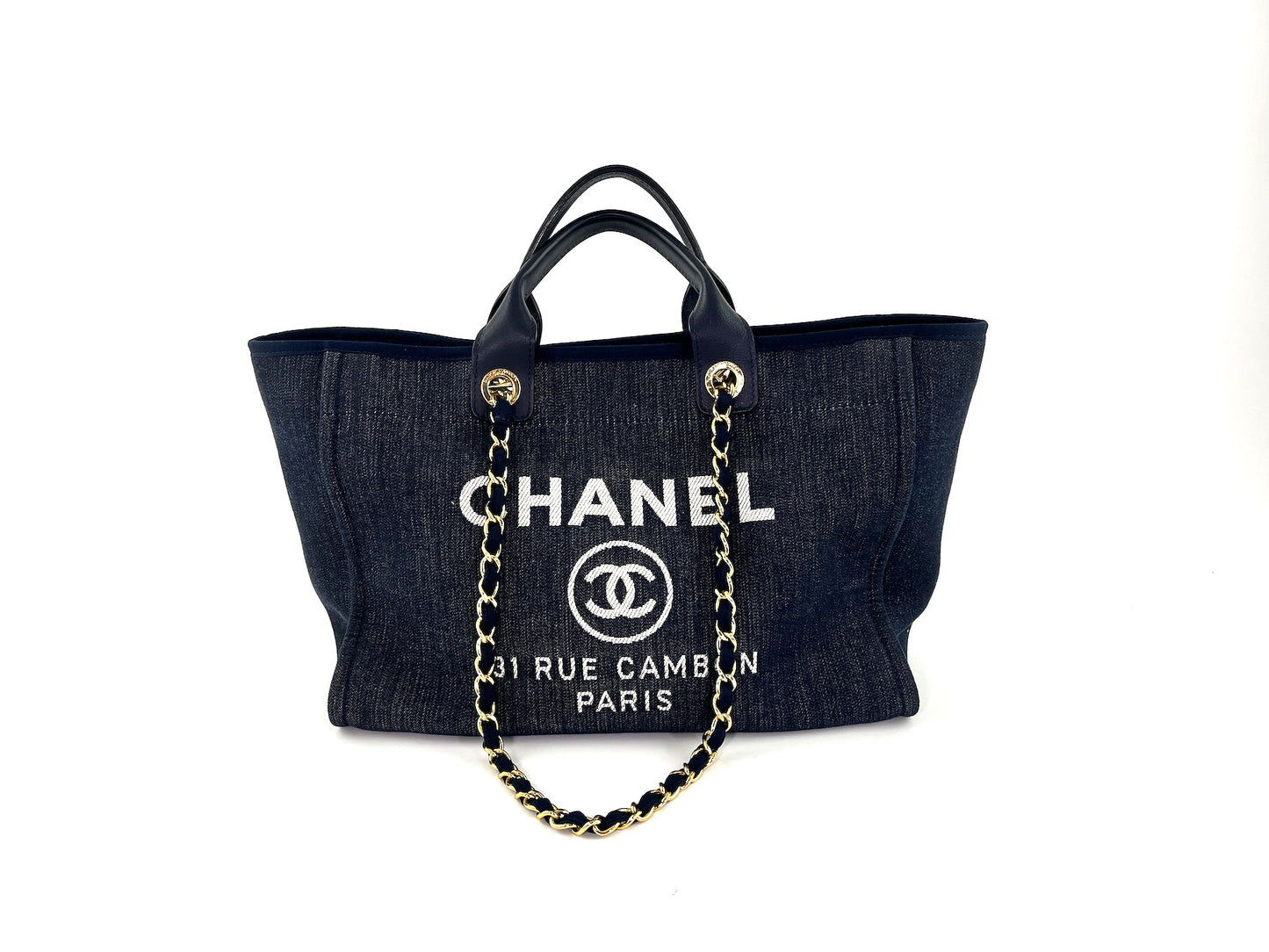 CHANEL Deauville Medium Denim Navy Shopping Tote Bag