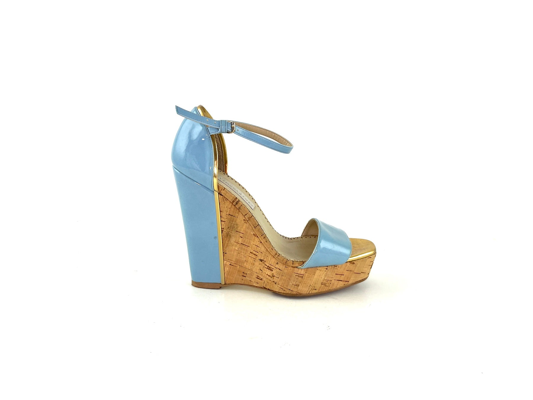 Stella McCartney Vegetarian Patent Leather Blue Wedge Platform Sandals 38 7.5