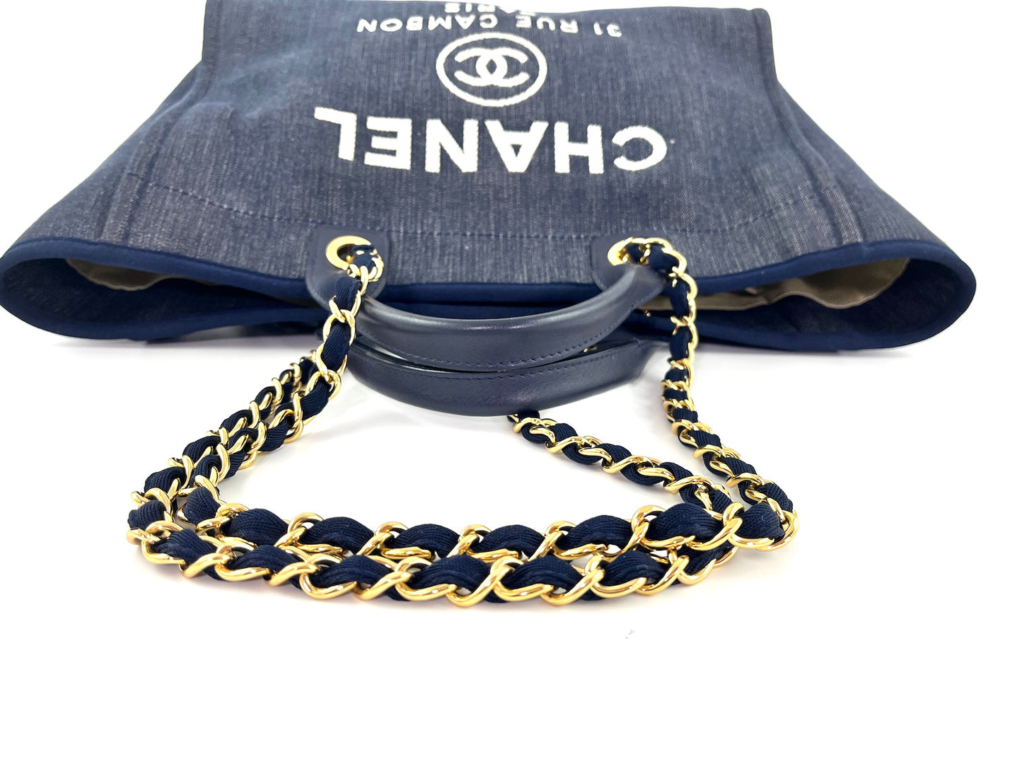 CHANEL Deauville Medium Denim Navy Shopping Tote Bag