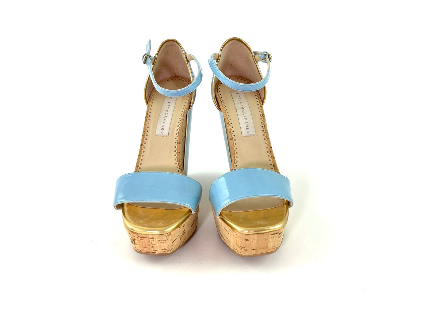 Stella McCartney Vegetarian Patent Leather Blue Wedge Platform Sandals 38 7.5