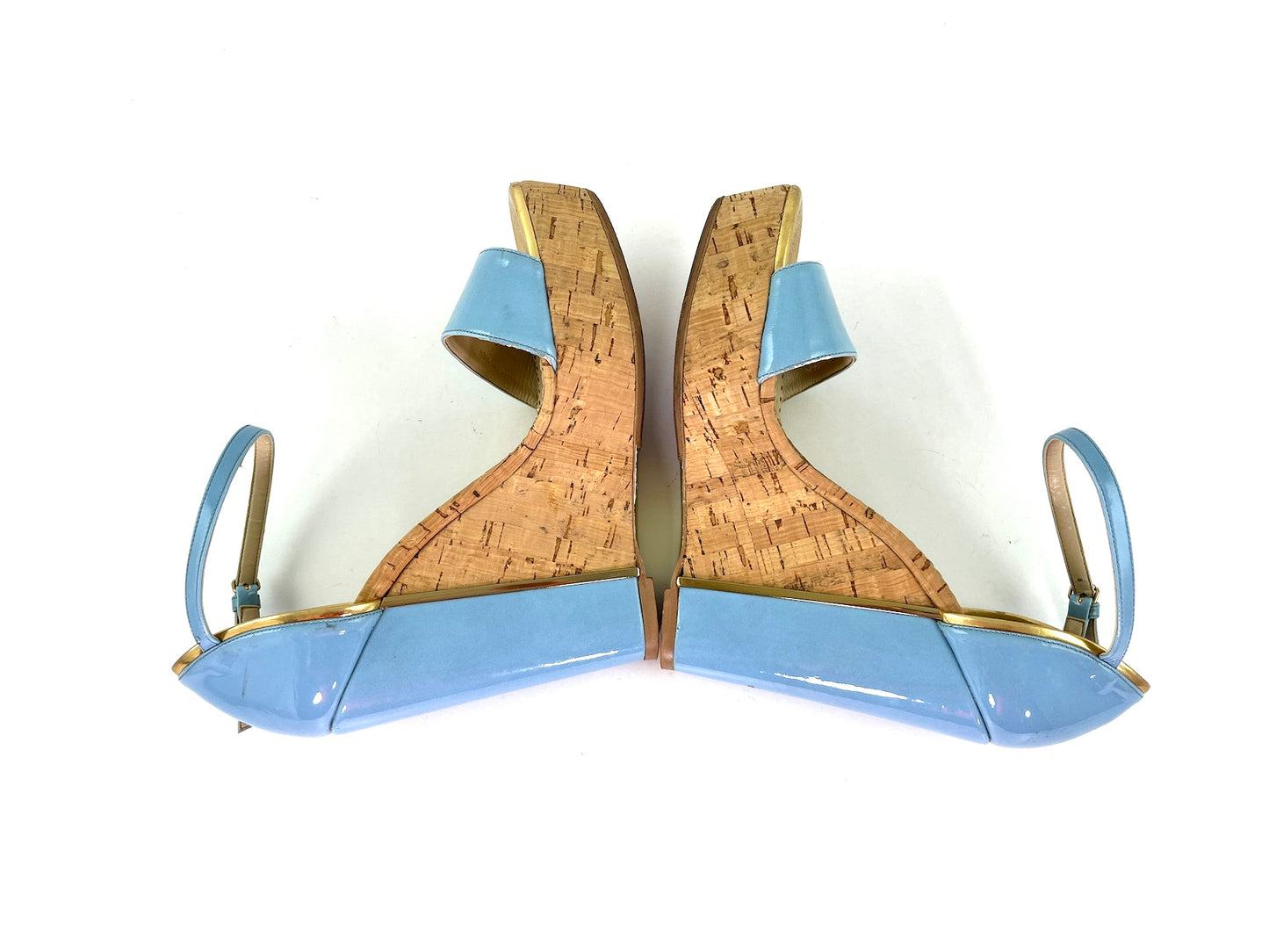 Stella McCartney Vegetarian Patent Leather Blue Wedge Platform Sandals 38 7.5