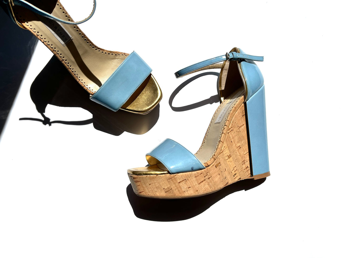 Stella McCartney Vegetarian Patent Leather Blue Wedge Platform Sandals 38 7.5