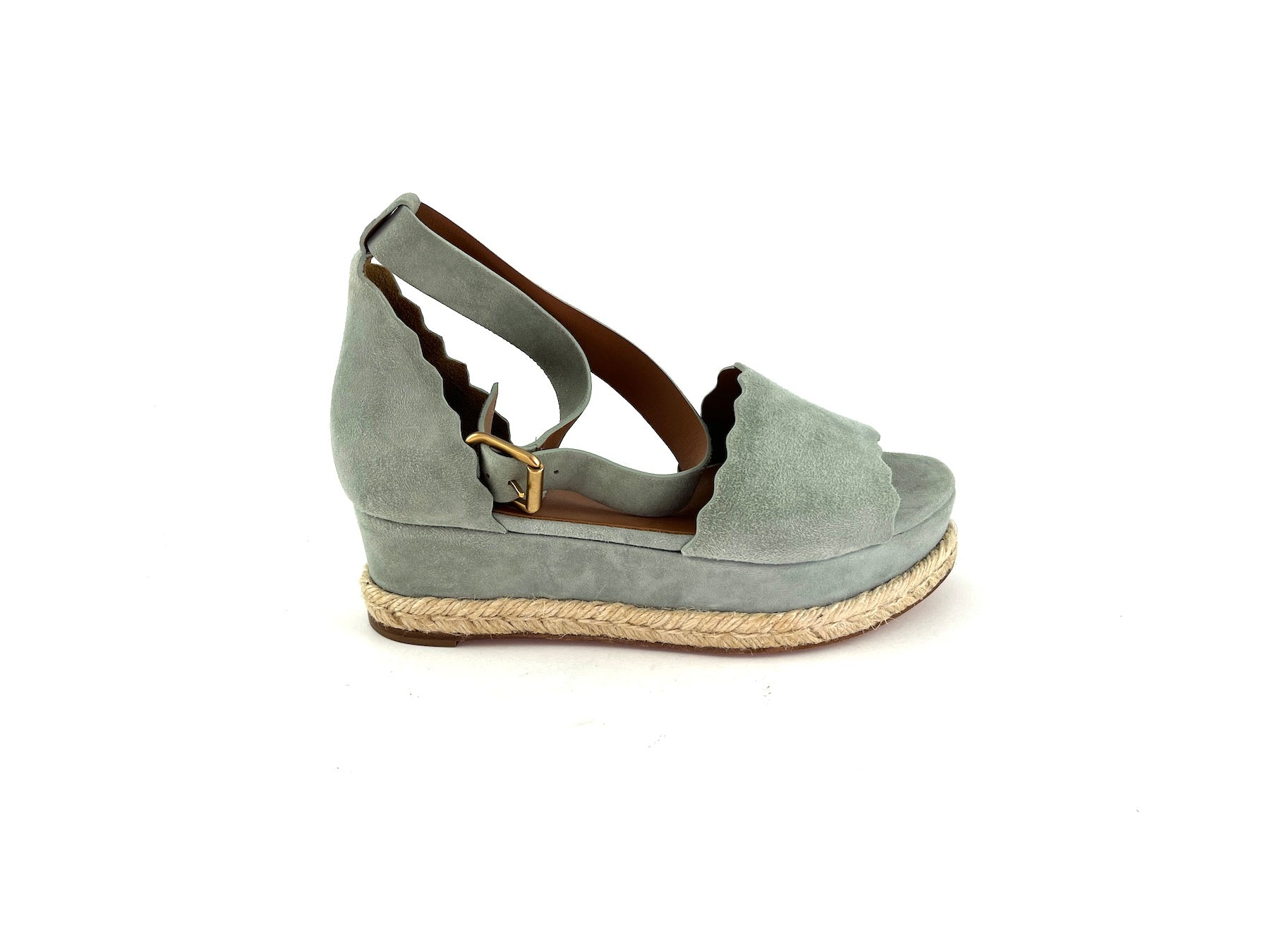 Chloe Blue Suede Scalloped Platform Espadrille Sandals 38 7.5