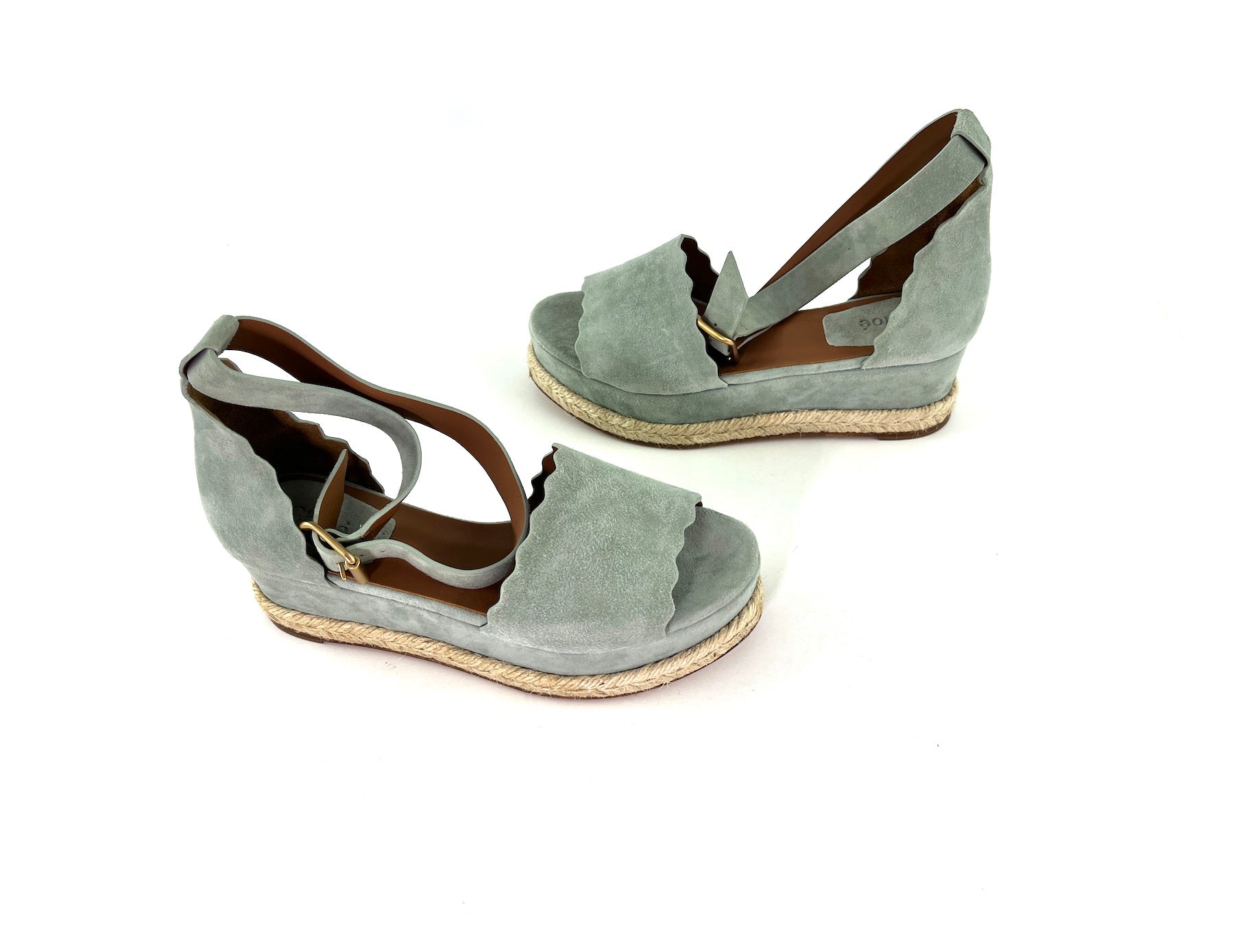 Chloe Blue Suede Scalloped Platform Espadrille Sandals 38 7.5