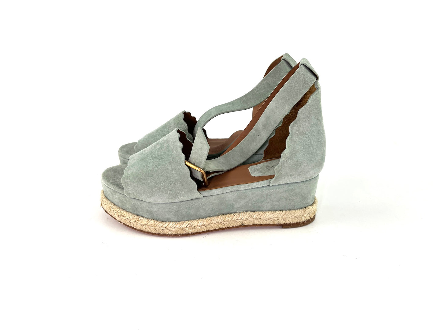 Chloe Blue Suede Scalloped Platform Espadrille Sandals 38 7.5