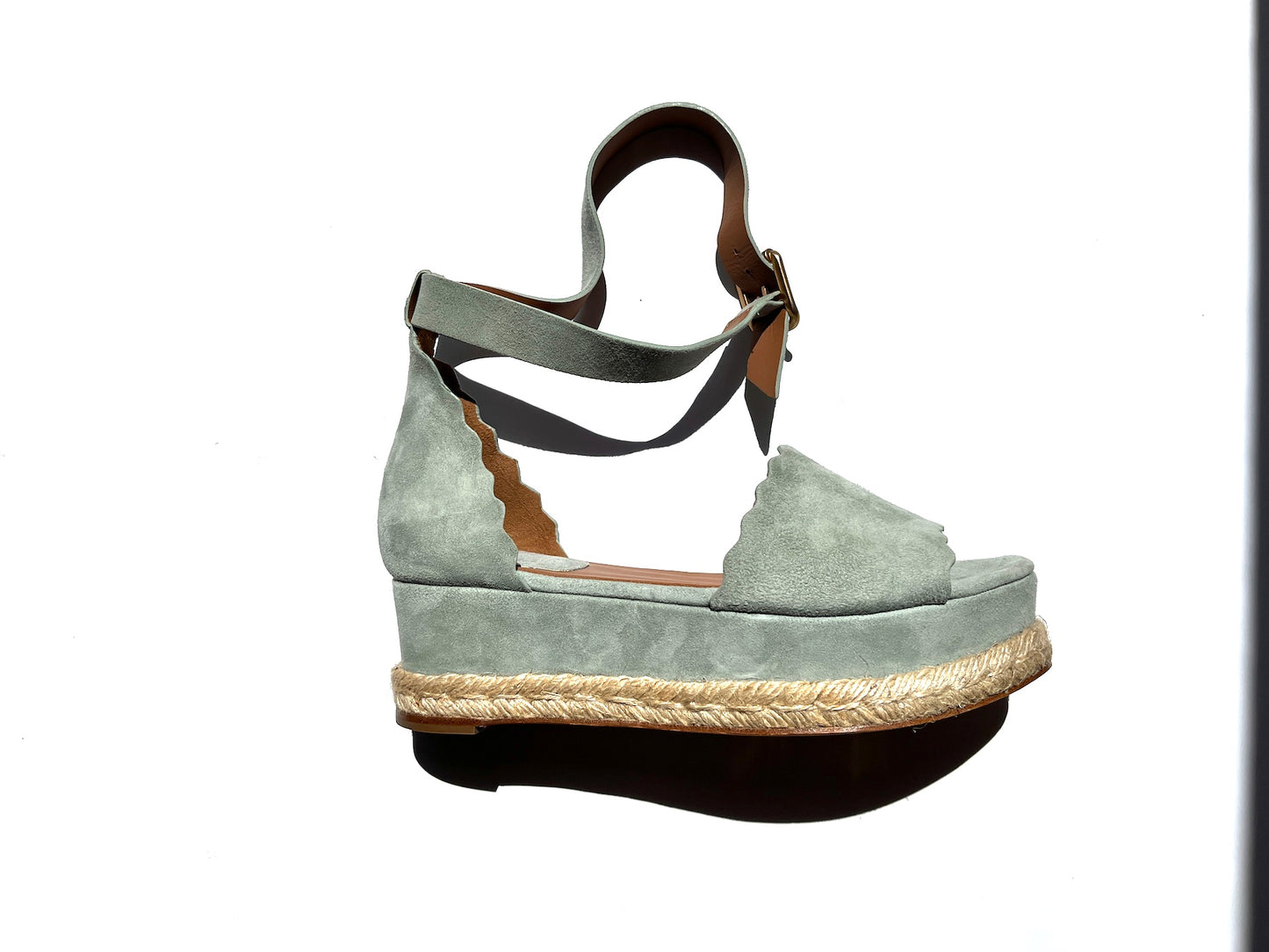 Chloe Blue Suede Scalloped Platform Espadrille Sandals 38 7.5