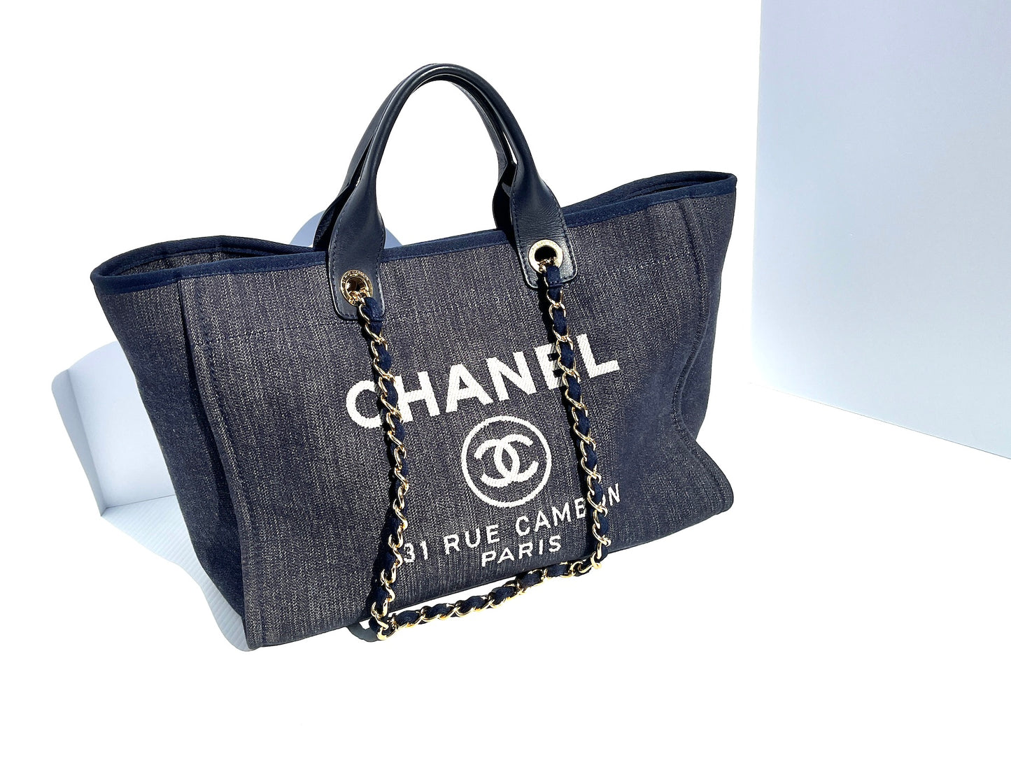 CHANEL Deauville Medium Denim Navy Shopping Tote Bag