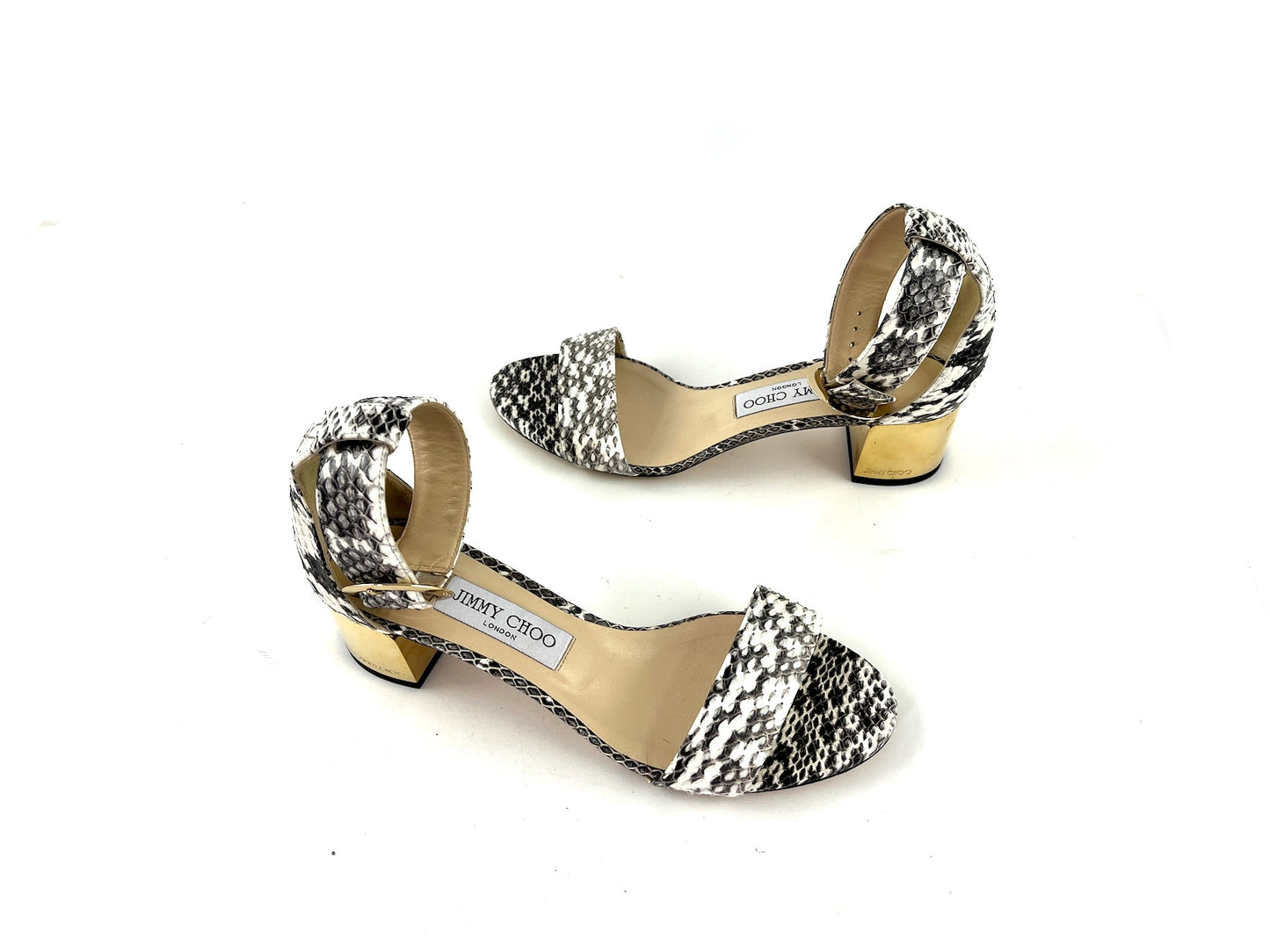 JIMMY CHOO Snakeskin Print White Black Sandals 37.5