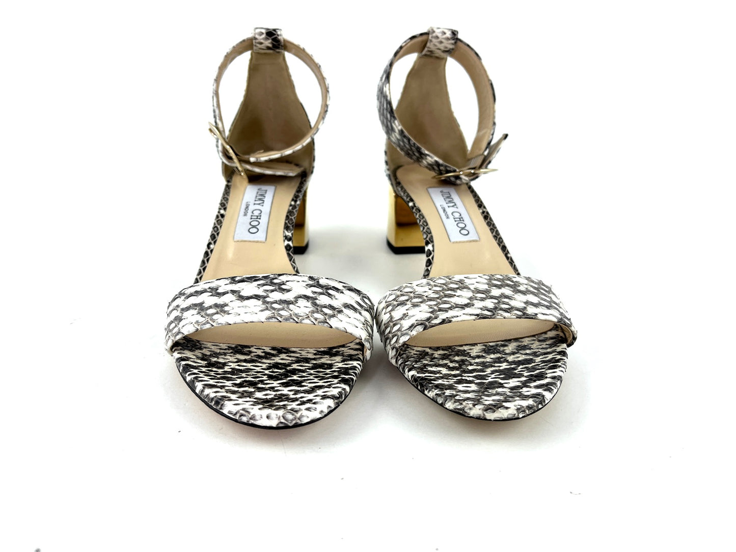 JIMMY CHOO Snakeskin Print White Black Sandals 37.5