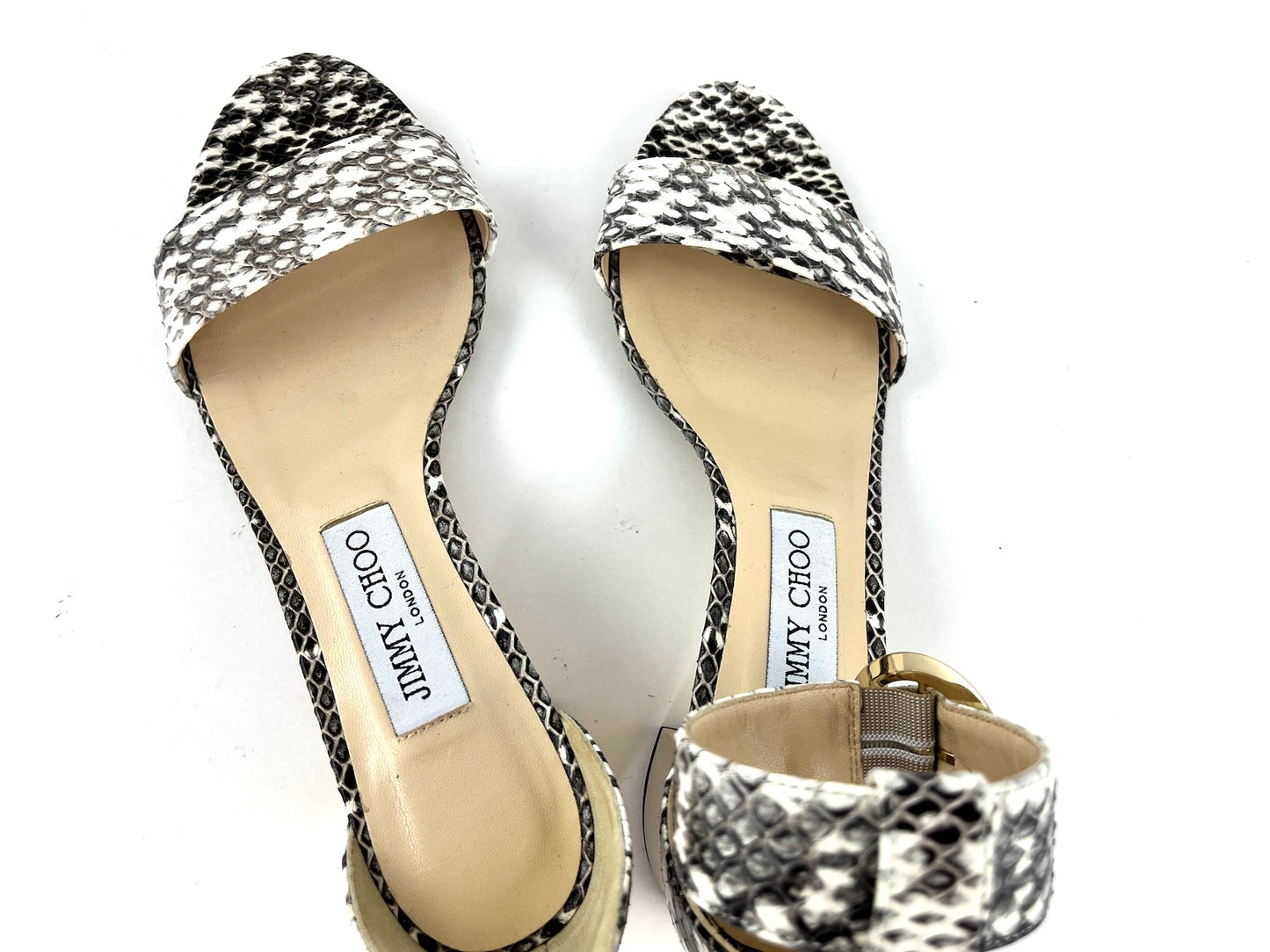 JIMMY CHOO Snakeskin Print White Black Sandals 37.5