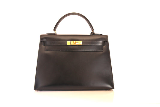 Hermes Vintage Black Box Leather Kelly Sellier 32