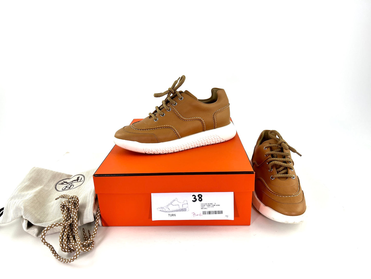 HERMES Turn Veau Sport Brown Leather H Sneakers 38 7.5