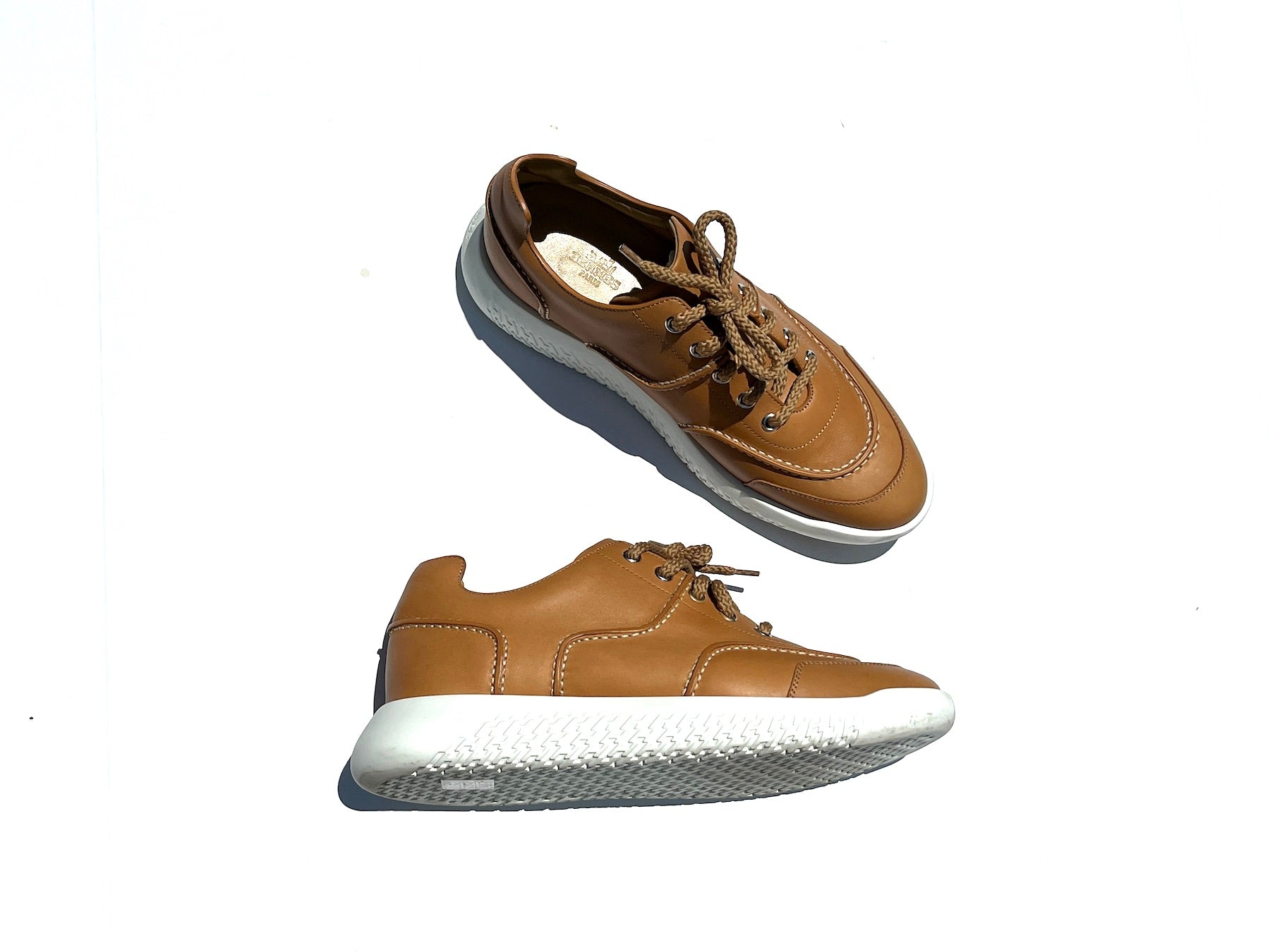 HERMES Turn Veau Sport Brown Leather H Sneakers 38 7.5