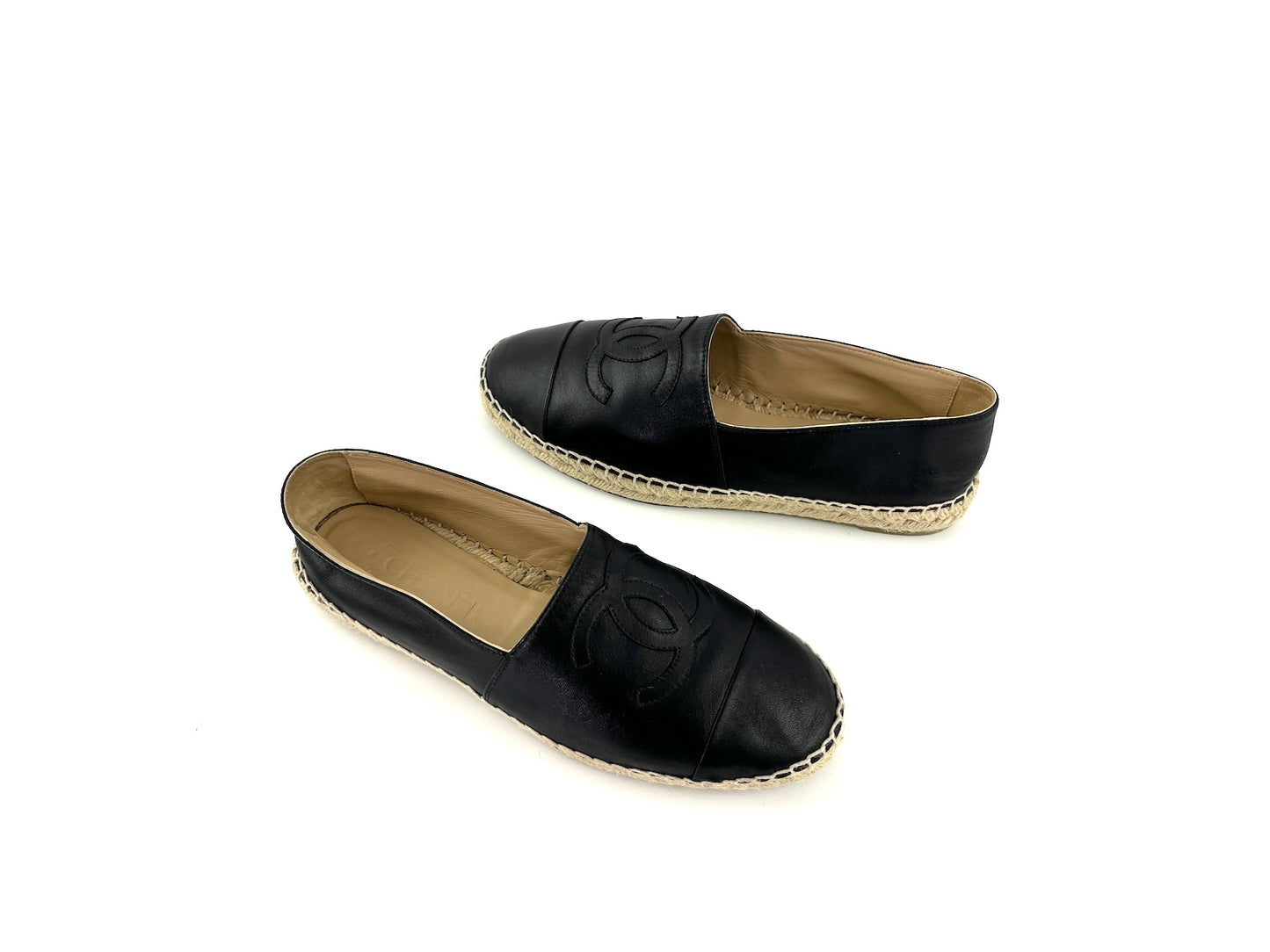 CHANEL Black Leather CC Logo Espadrille Flats 40