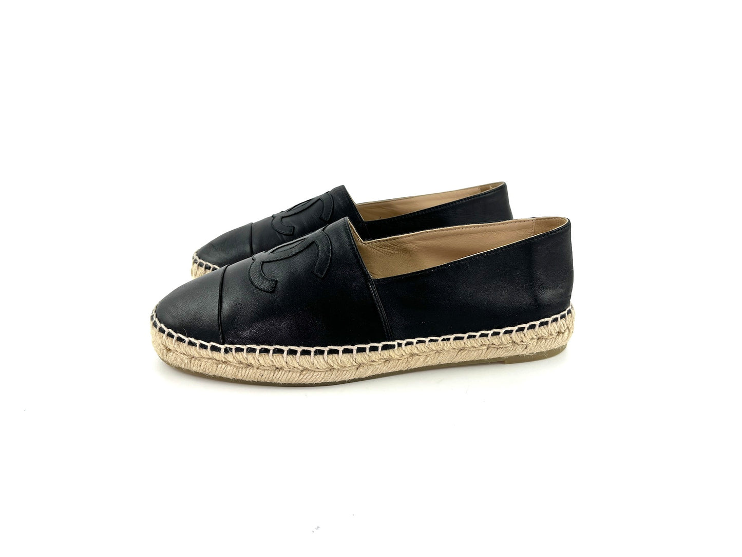 CHANEL Black Leather CC Logo Espadrille Flats 40