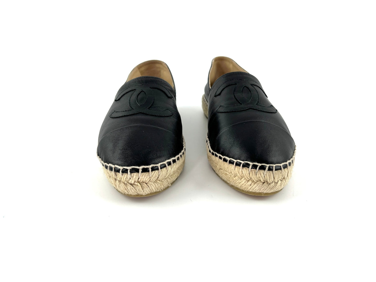 CHANEL Black Leather CC Logo Espadrille Flats 40