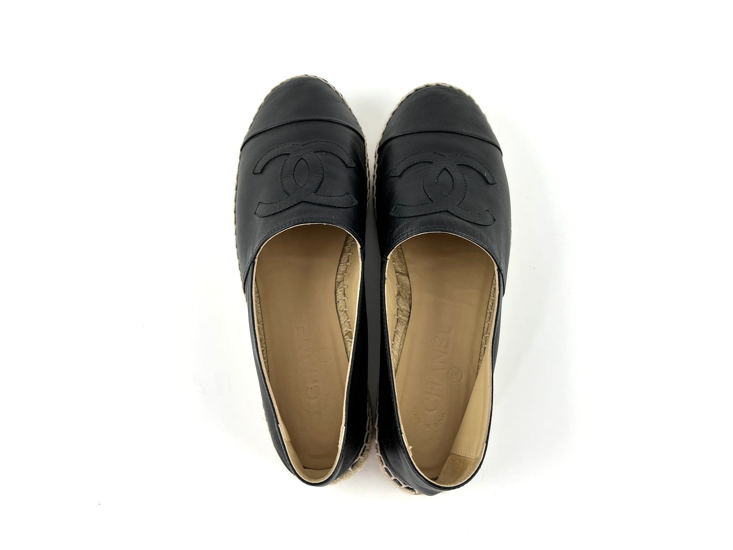 CHANEL Black Leather CC Logo Espadrille Flats 40